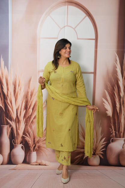 Pistachio Green Kurta Pant with Dupatta in Flex Cotton with Embroidery