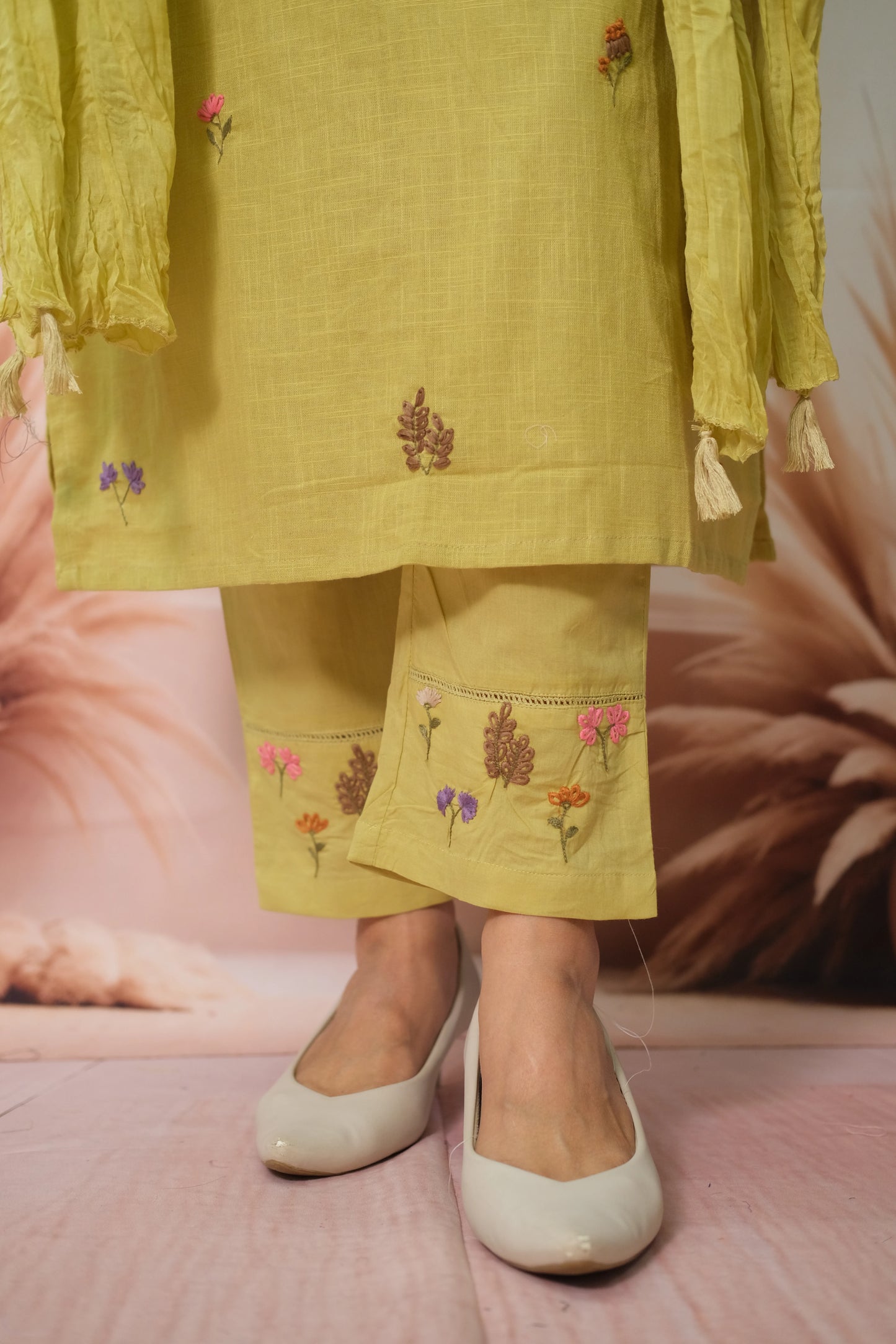 Pistachio Green Kurta Pant with Dupatta in Flex Cotton with Embroidery
