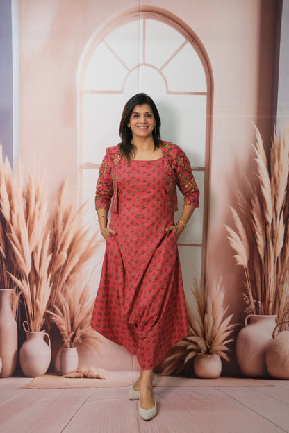 Pink Jumpsuit with Floral Printed Koti in Soft Cotton – Festive Fusion Elegance