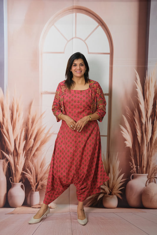 Pink Jumpsuit with Floral Printed Koti in Soft Cotton – Festive Fusion Elegance