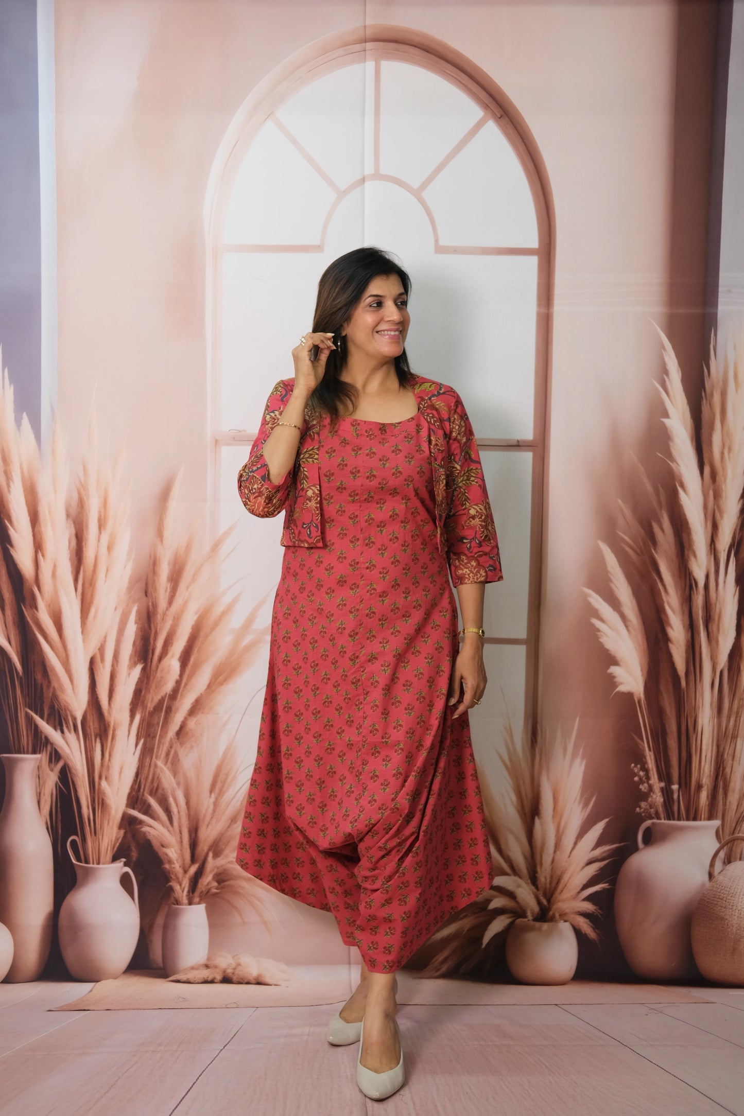 Pink Jumpsuit with Floral Printed Koti in Soft Cotton – Festive Fusion Elegance