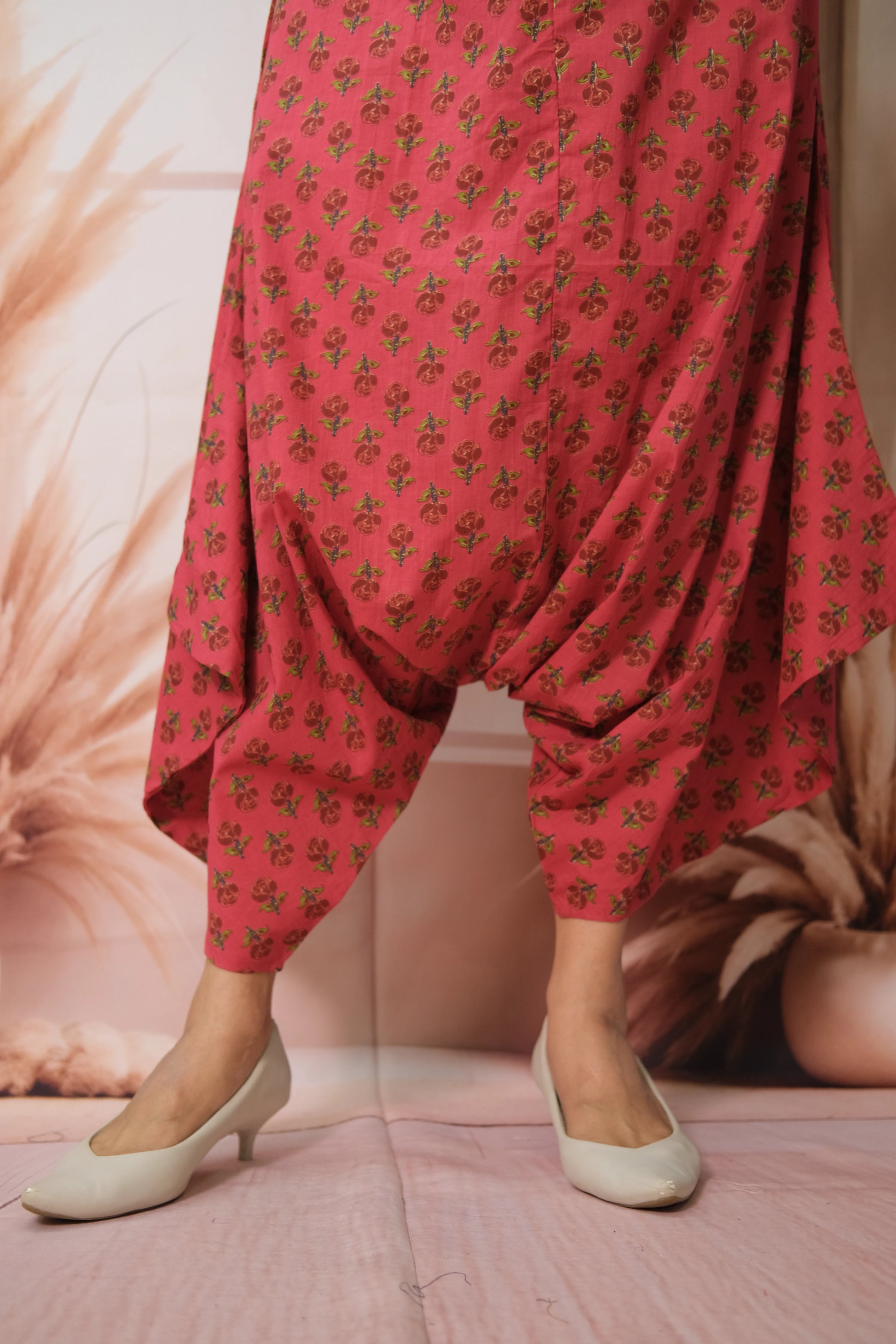 Pink Jumpsuit with Floral Printed Koti in Soft Cotton – Festive Fusion Elegance
