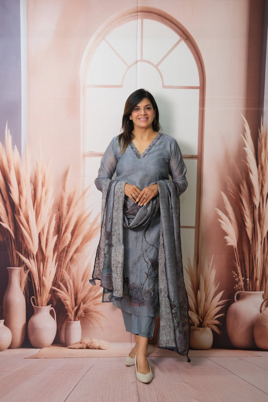 Steel Grey Chanderi Silk Dupatta Set with Thread & Sequins Work – Printed Festive Elegance