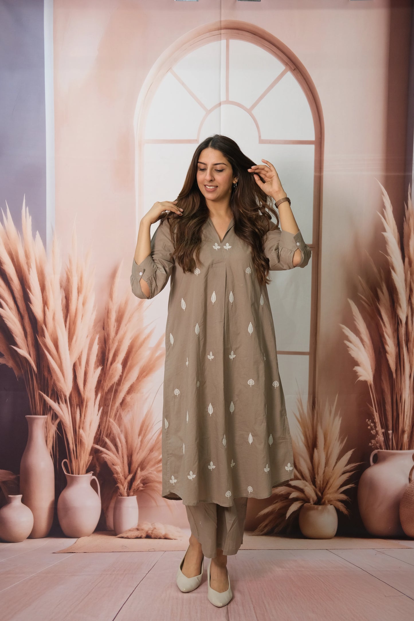 Gale Grey Kurta Pant Set in Soft Cotton with Embroidery – Elegant Daily Wear