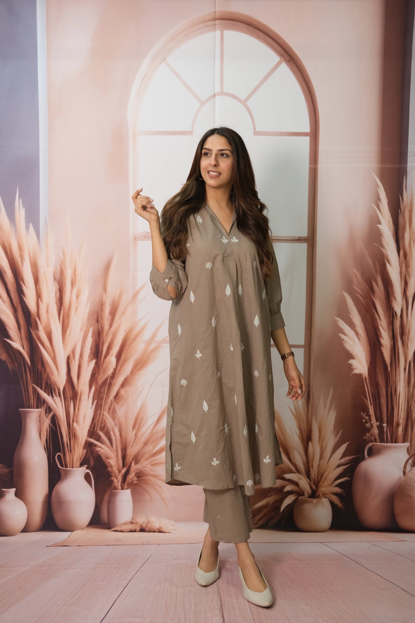 Gale Grey Kurta Pant Set in Soft Cotton with Embroidery – Elegant Daily Wear