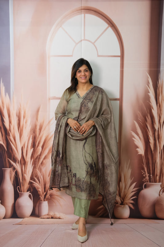 Light Olive Green Chanderi Silk Dupatta Set with Thread & Sequins Work – Printed Festive Elegance