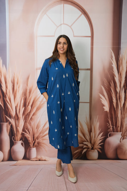 Cobalt Blue Kurta Pant Set in Soft Cotton with Embroidery – Elegant Daily Wear