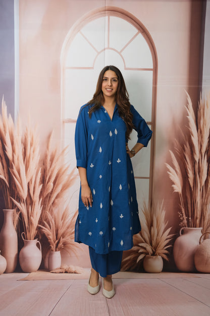 Cobalt Blue Kurta Pant Set in Soft Cotton with Embroidery – Elegant Daily Wear