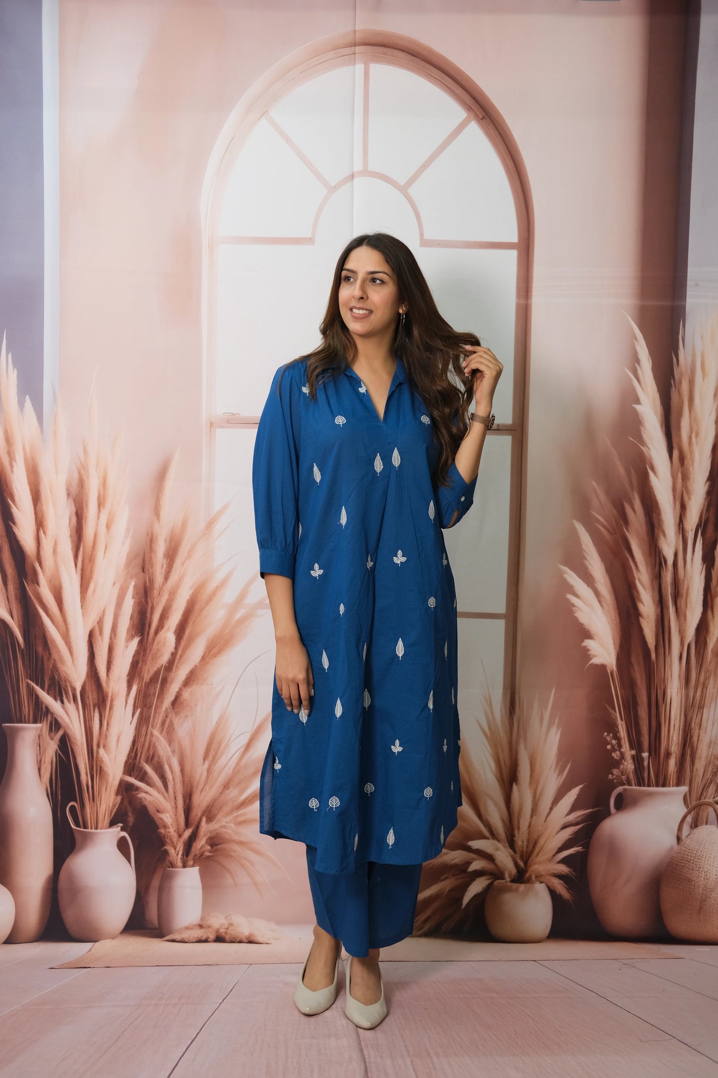 Cobalt Blue Kurta Pant Set in Soft Cotton with Embroidery – Elegant Daily Wear