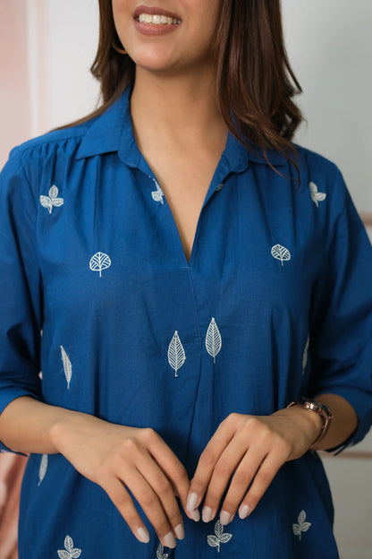 Cobalt Blue Kurta Pant Set in Soft Cotton with Embroidery – Elegant Daily Wear