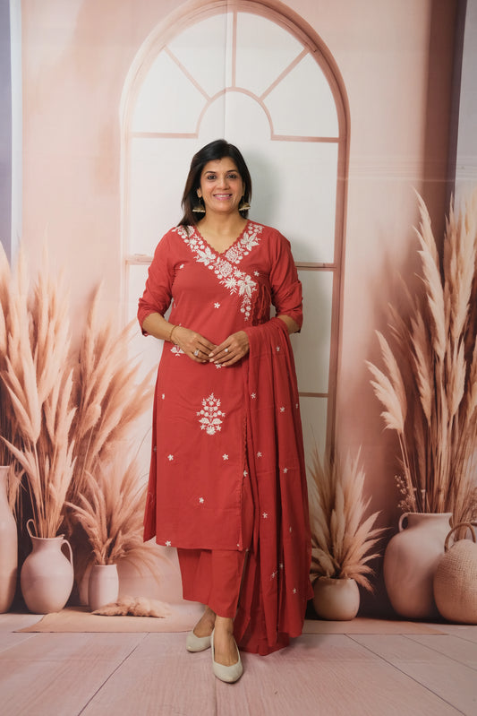 Maroon Angrakha Style Dupatta Set in Soft Cotton with Sequins Embroidery