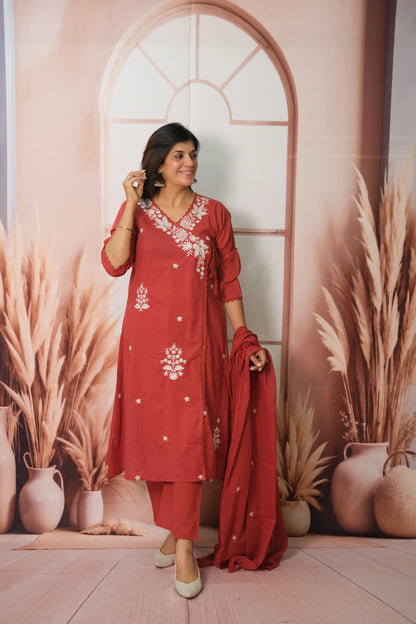 Maroon Angrakha Style Dupatta Set in Soft Cotton with Sequins Embroidery