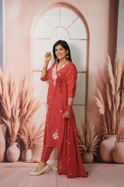Maroon Angrakha Style Dupatta Set in Soft Cotton with Sequins Embroidery