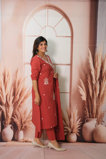 Maroon Angrakha Style Dupatta Set in Soft Cotton with Sequins Embroidery
