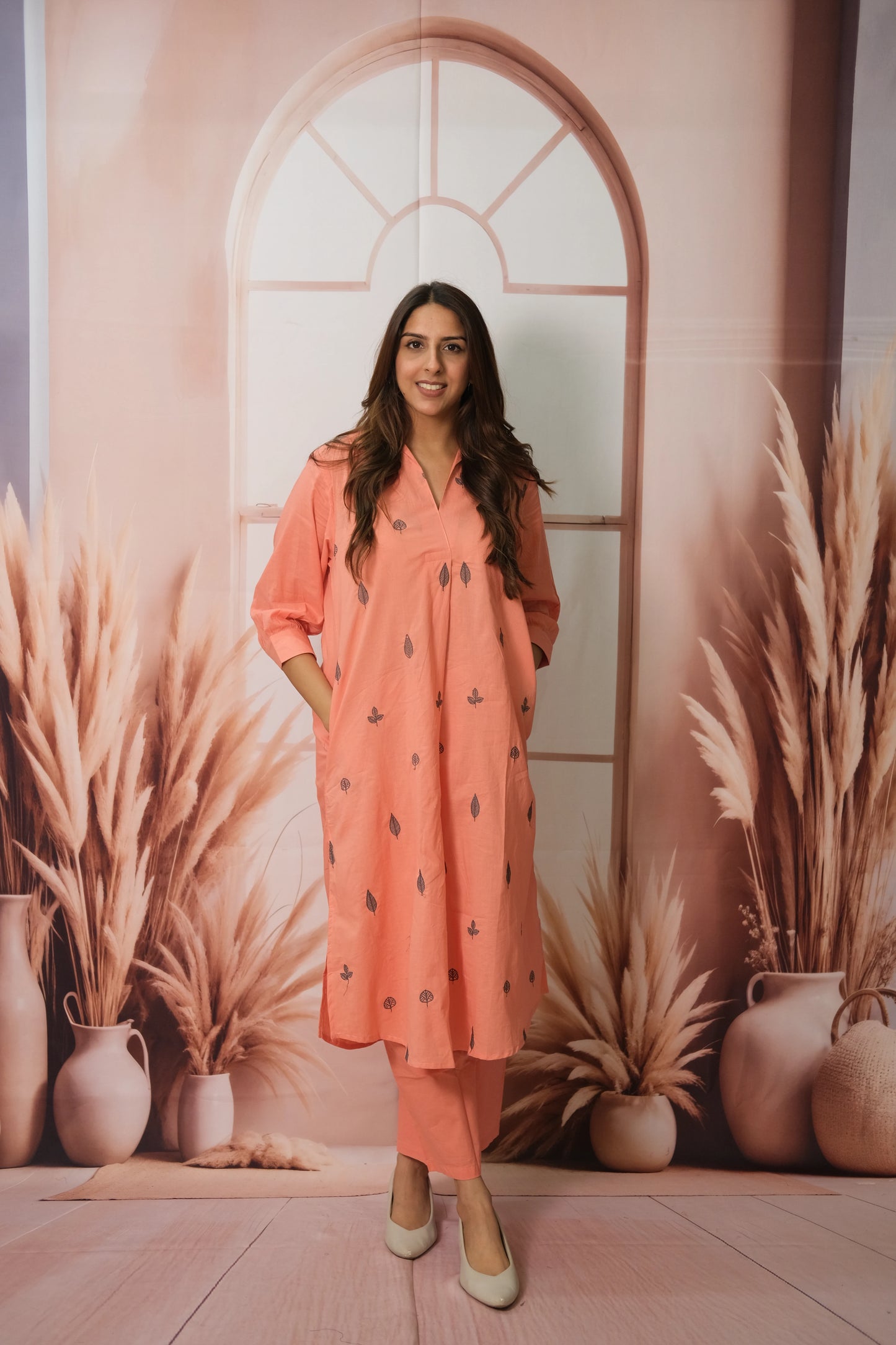 Peach Kurta Pant Set in Soft Cotton with Embroidery – Elegant Daily Wear