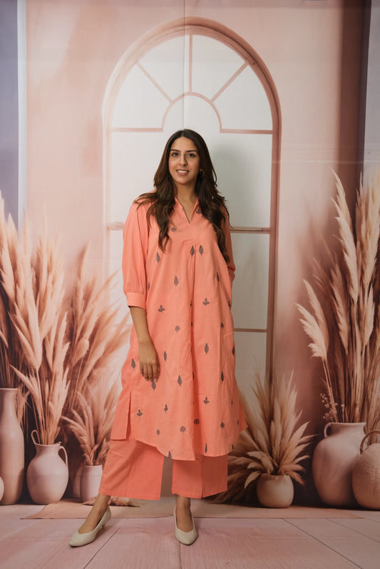 Peach Kurta Pant Set in Soft Cotton with Embroidery – Elegant Daily Wear