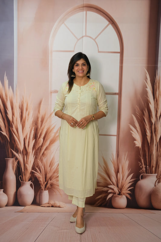 Pista Green Kurta Pant Set in Soft Mulmul Cotton with Embroidery