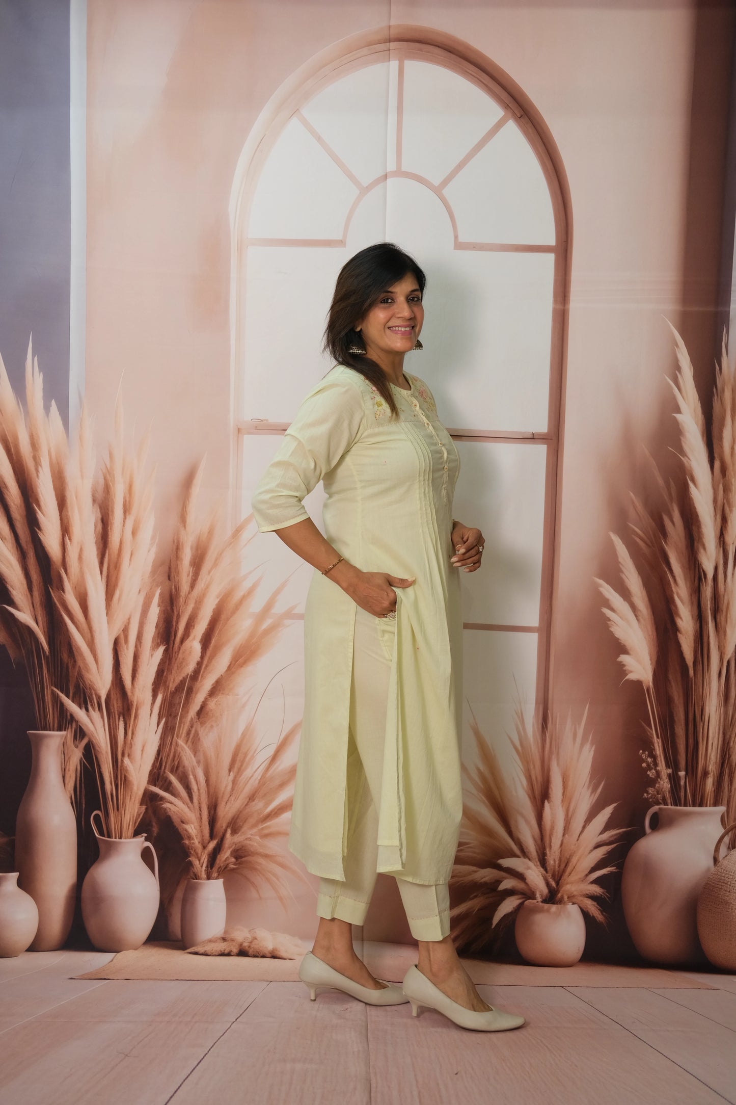 Pista Green Kurta Pant Set in Soft Mulmul Cotton with Embroidery