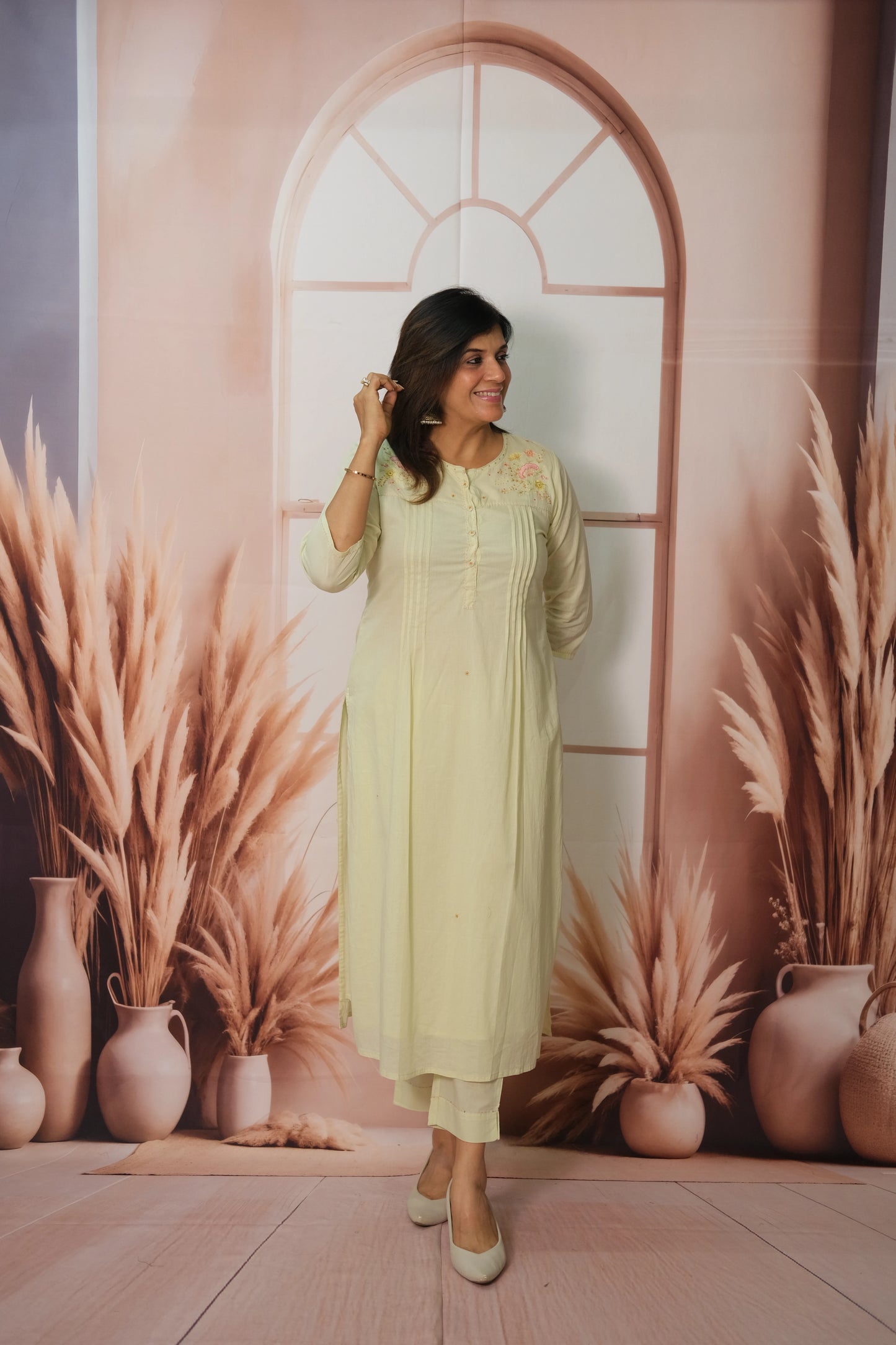 Pista Green Kurta Pant Set in Soft Mulmul Cotton with Embroidery
