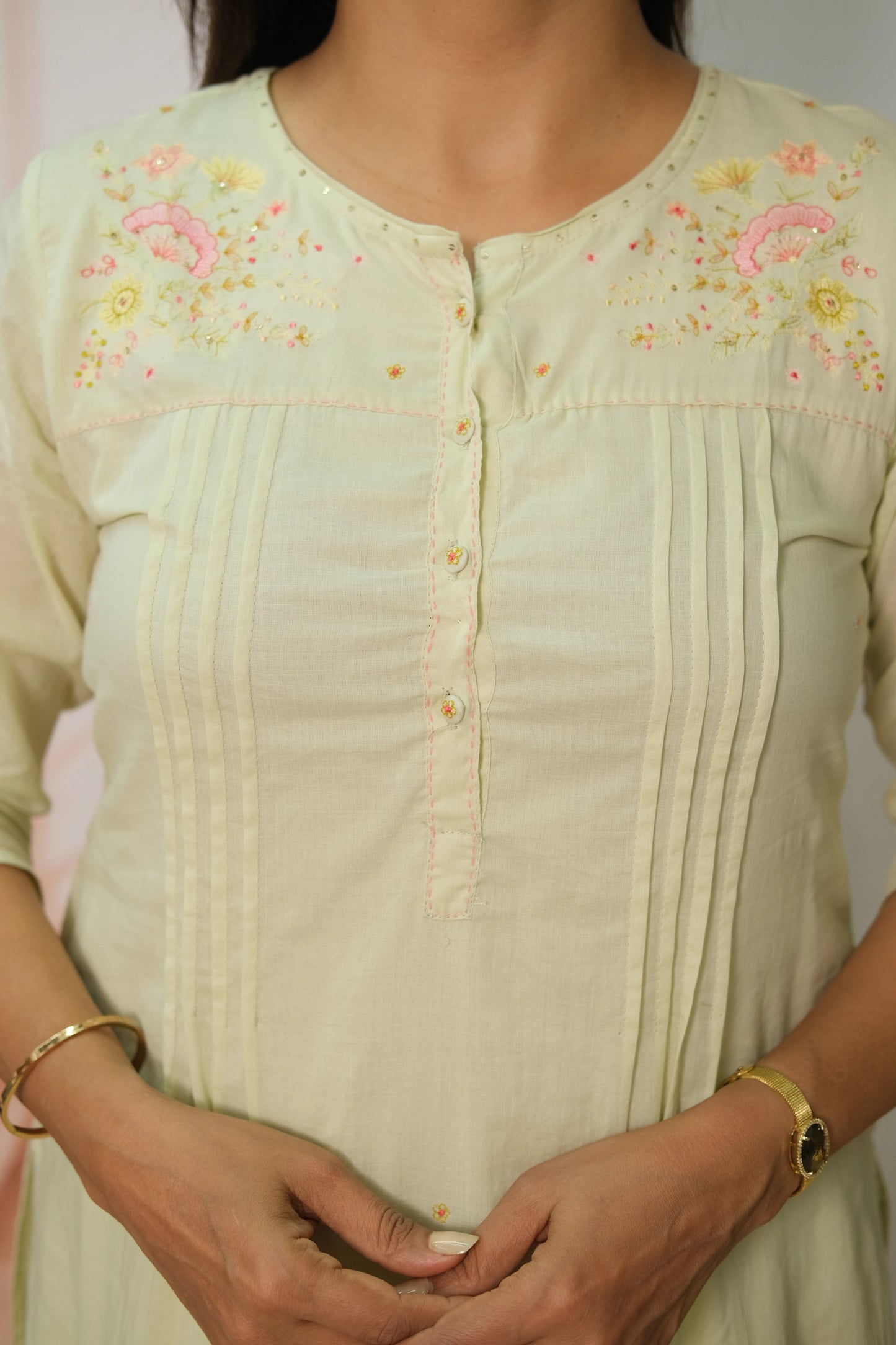 Pista Green Kurta Pant Set in Soft Mulmul Cotton with Embroidery