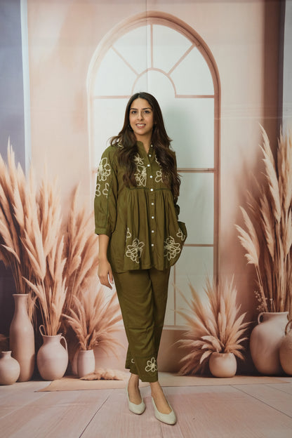 Olive Green Co-ord Set in Rayon with Embroidery – Luxe Comfort Wear for the Modern Muse