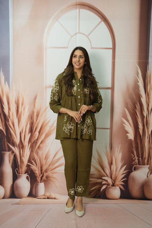 Olive Green Co-ord Set in Rayon with Embroidery – Luxe Comfort Wear for the Modern Muse