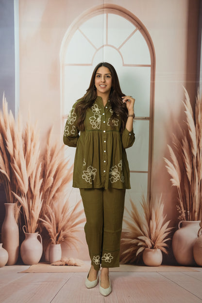 Olive Green Co-ord Set in Rayon with Embroidery – Luxe Comfort Wear for the Modern Muse