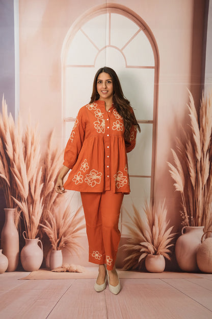 Rust Co-ord Set in Rayon with Embroidery – Luxe Comfort Wear for the Modern Muse