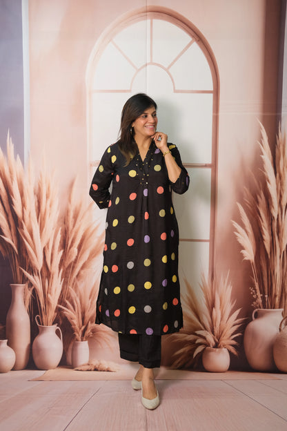 Black Kurta Pant Set in Muslin with Polka Dot Print – Modern Ethnic Elegance