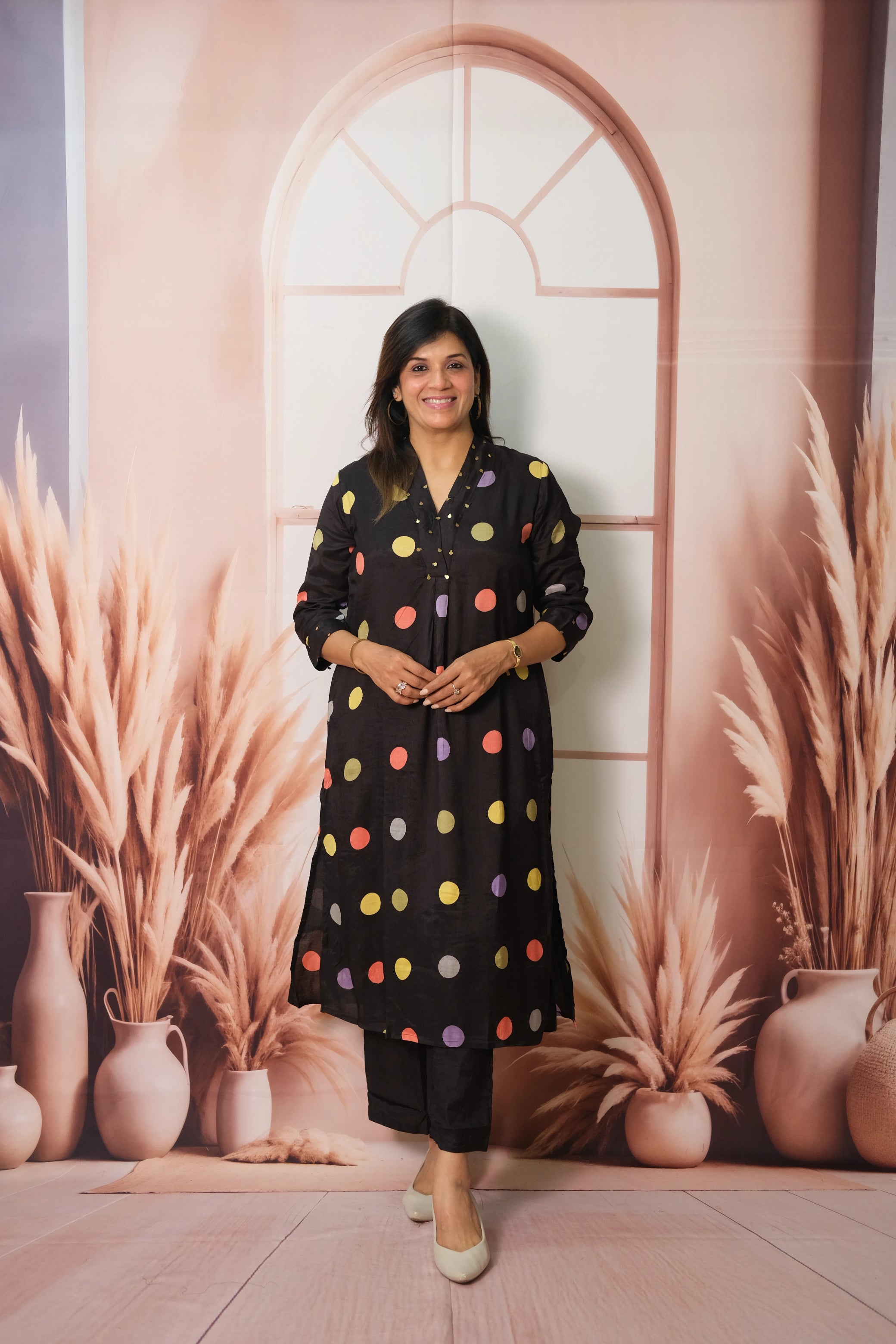 Black Kurta Pant Set in Muslin with Polka Dot Print – Modern Ethnic Elegance