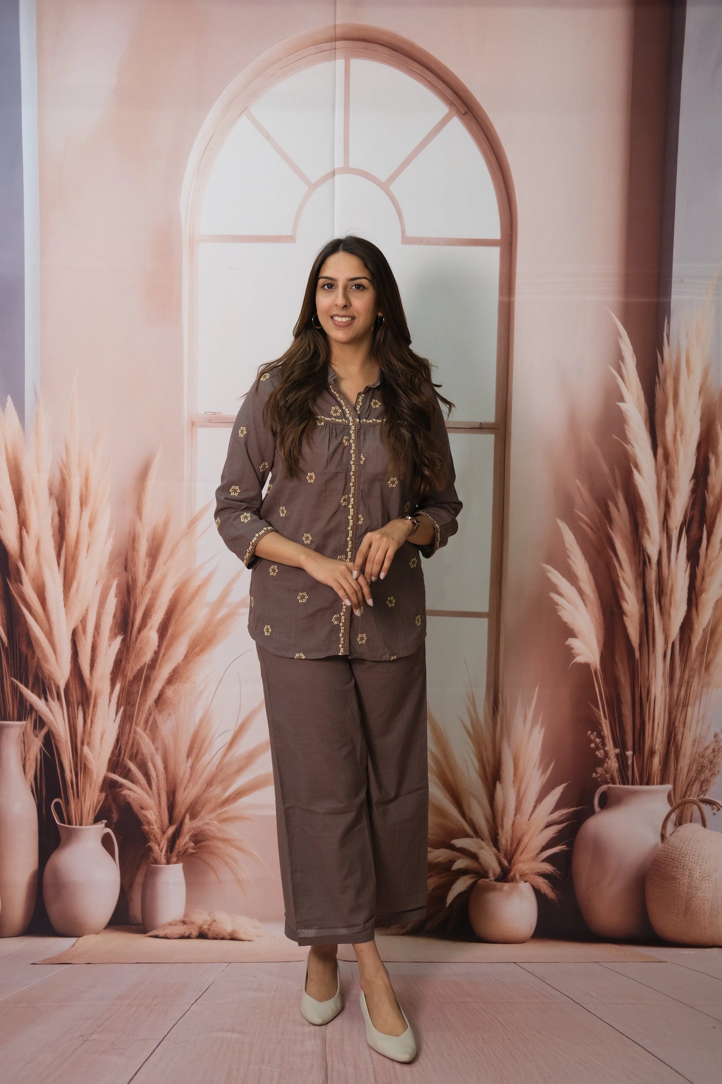Dark Gray Co-ord Set in Flex Cotton with Embroidery