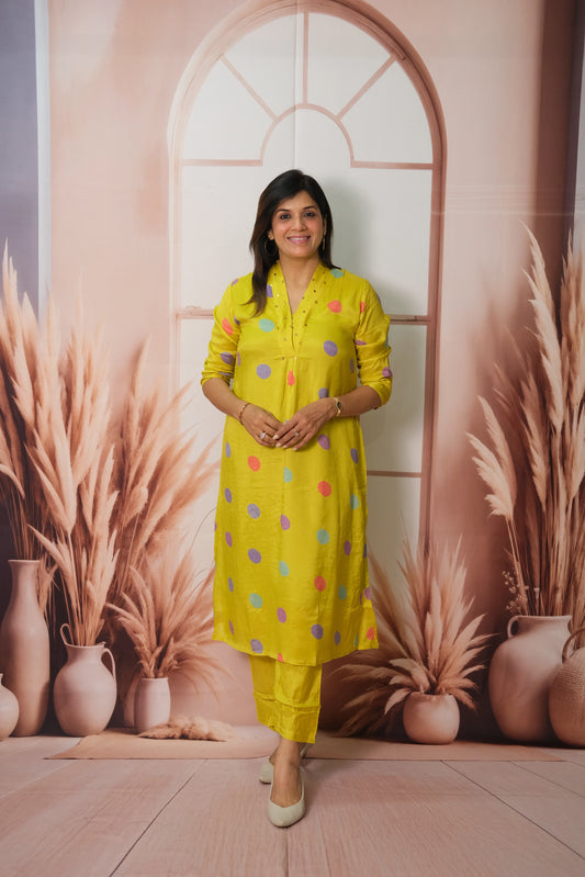 Lemon Yellow Pant Set in Muslin with Polka Dot Print – Modern Ethnic Elegance