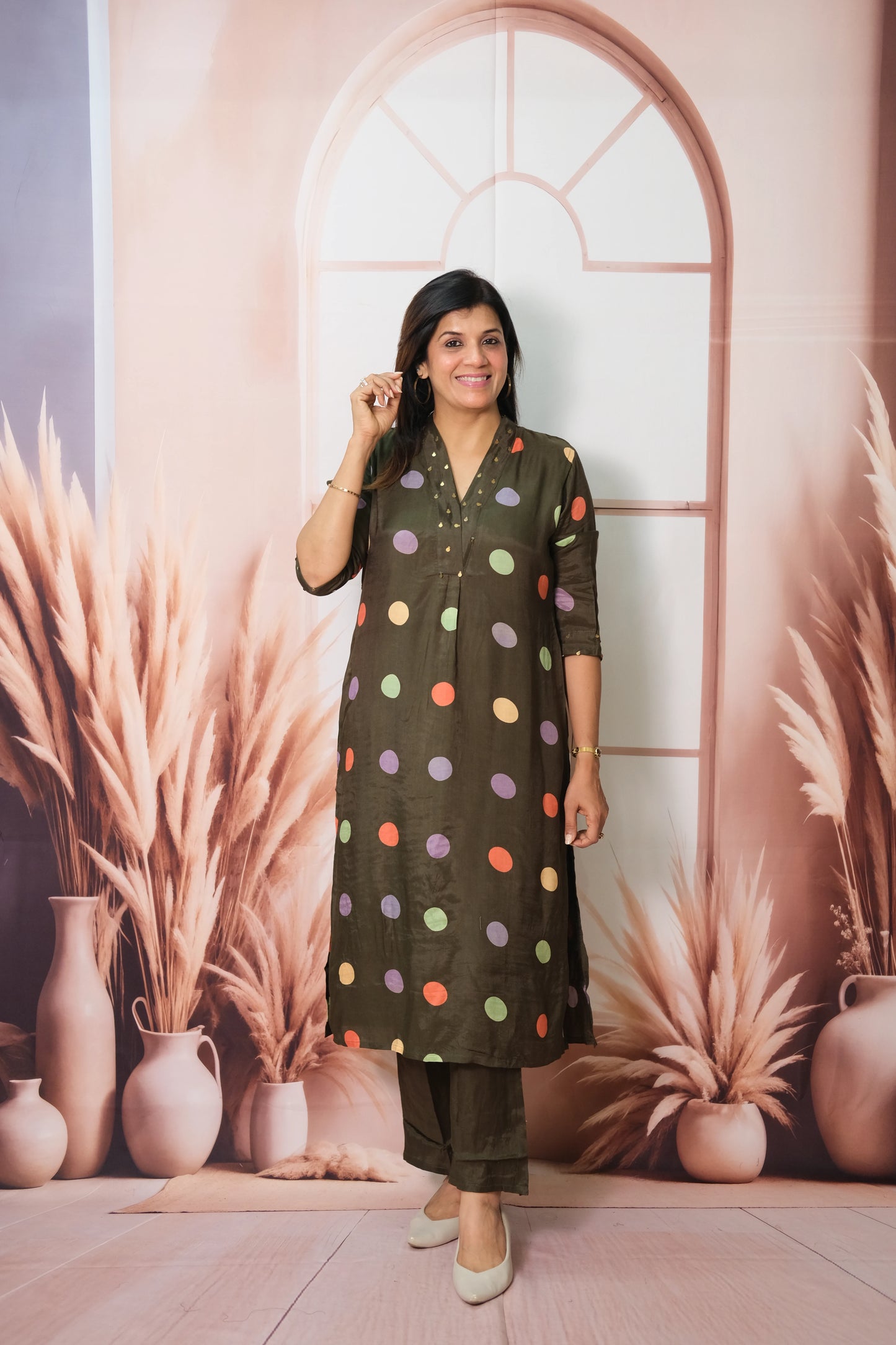 Olive Green Kurta Pant Set in Muslin with Polka Dot Print – Modern Ethnic Elegance