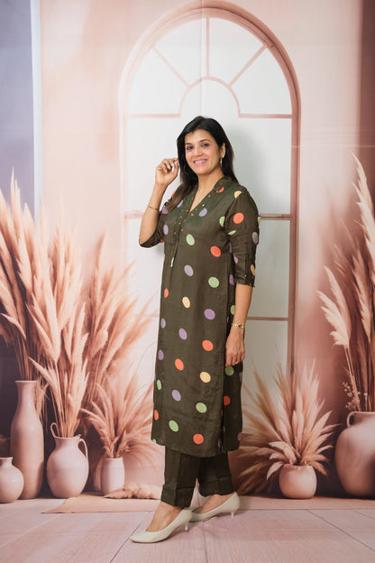 Olive Green Kurta Pant Set in Muslin with Polka Dot Print – Modern Ethnic Elegance
