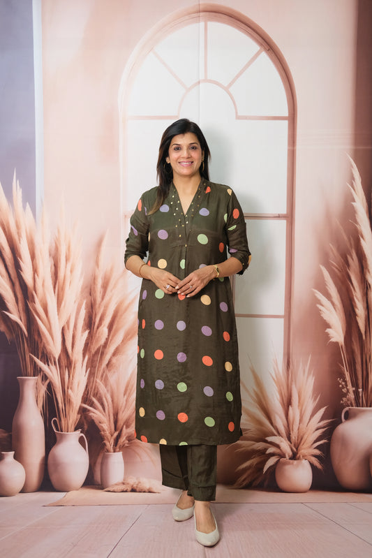 Olive Green Kurta Pant Set in Muslin with Polka Dot Print – Modern Ethnic Elegance