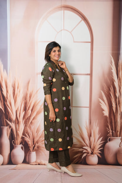 Olive Green Kurta Pant Set in Muslin with Polka Dot Print – Modern Ethnic Elegance