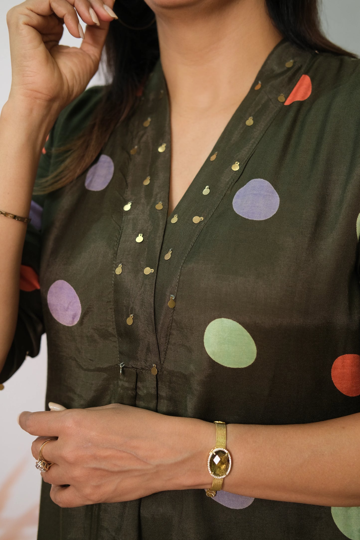 Olive Green Kurta Pant Set in Muslin with Polka Dot Print – Modern Ethnic Elegance