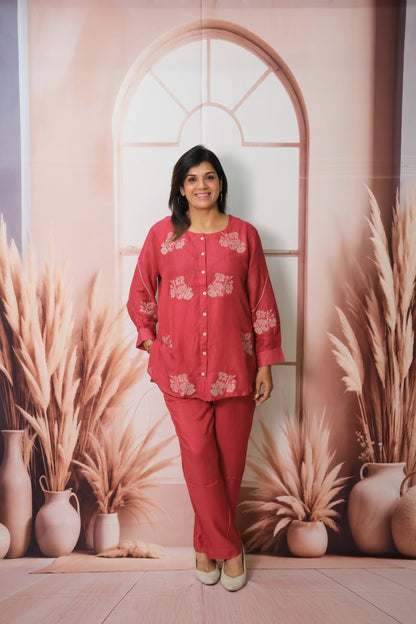 Rose Pink Co-ord Set in Mul Chanderi with Embroidery – Festive Elegance for the Modern Woman