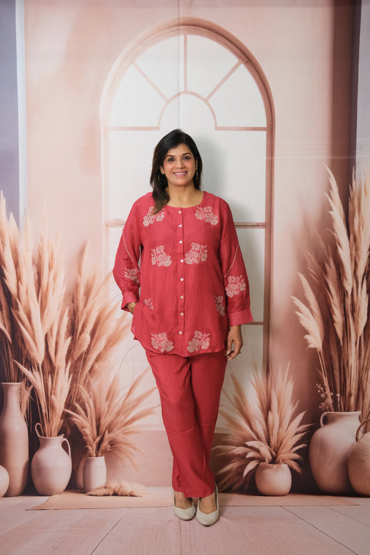 Rose Pink Co-ord Set in Mul Chanderi with Embroidery – Festive Elegance for the Modern Woman