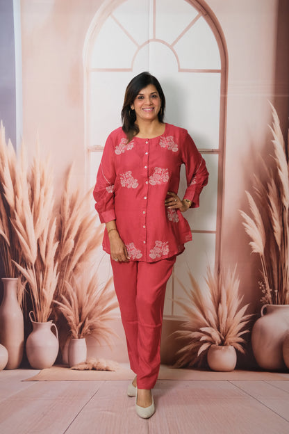Rose Pink Co-ord Set in Mul Chanderi with Embroidery – Festive Elegance for the Modern Woman