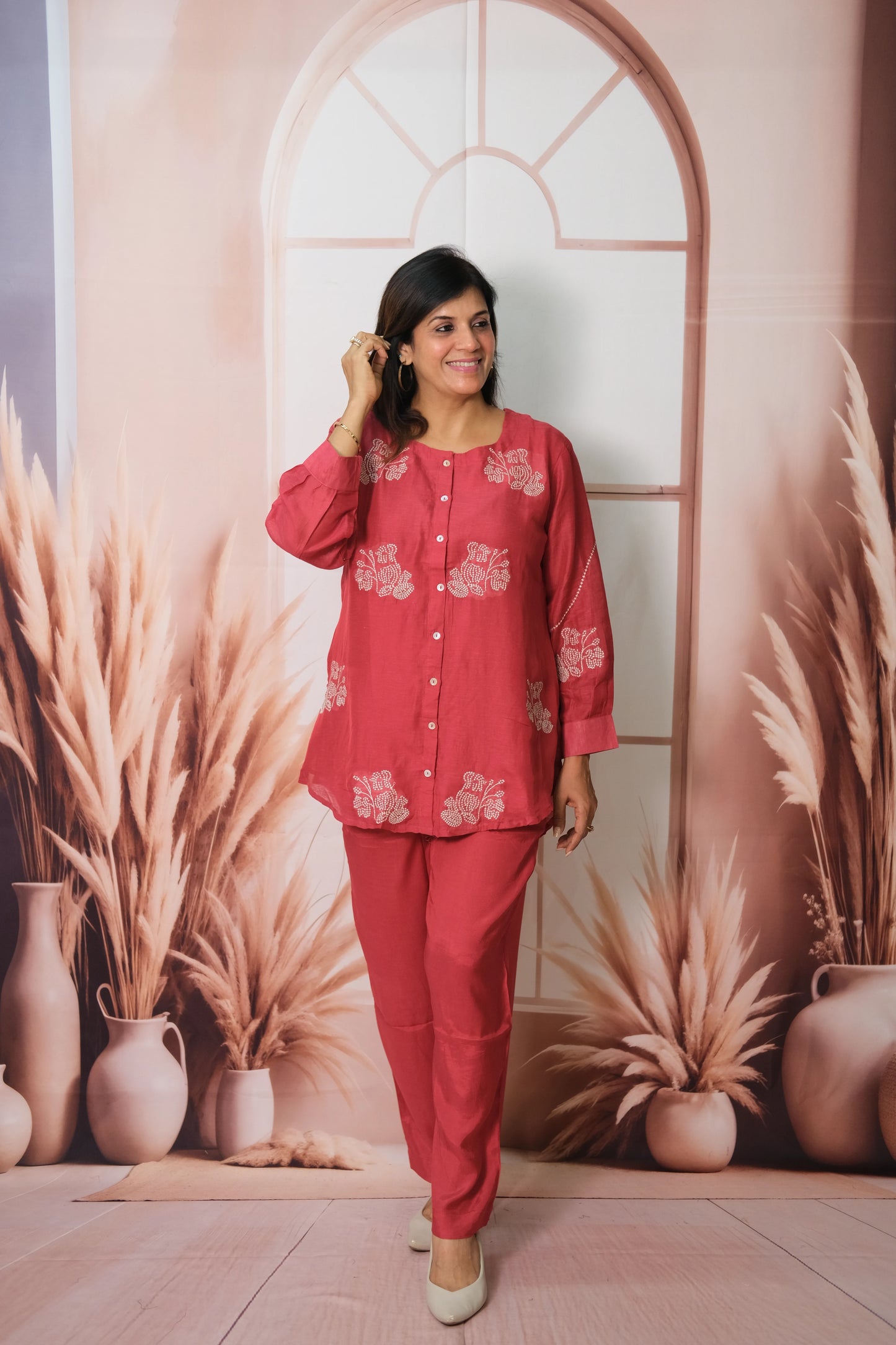 Rose Pink Co-ord Set in Mul Chanderi with Embroidery – Festive Elegance for the Modern Woman