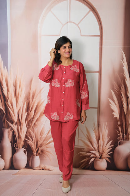 Rose Pink Co-ord Set in Mul Chanderi with Embroidery – Festive Elegance for the Modern Woman