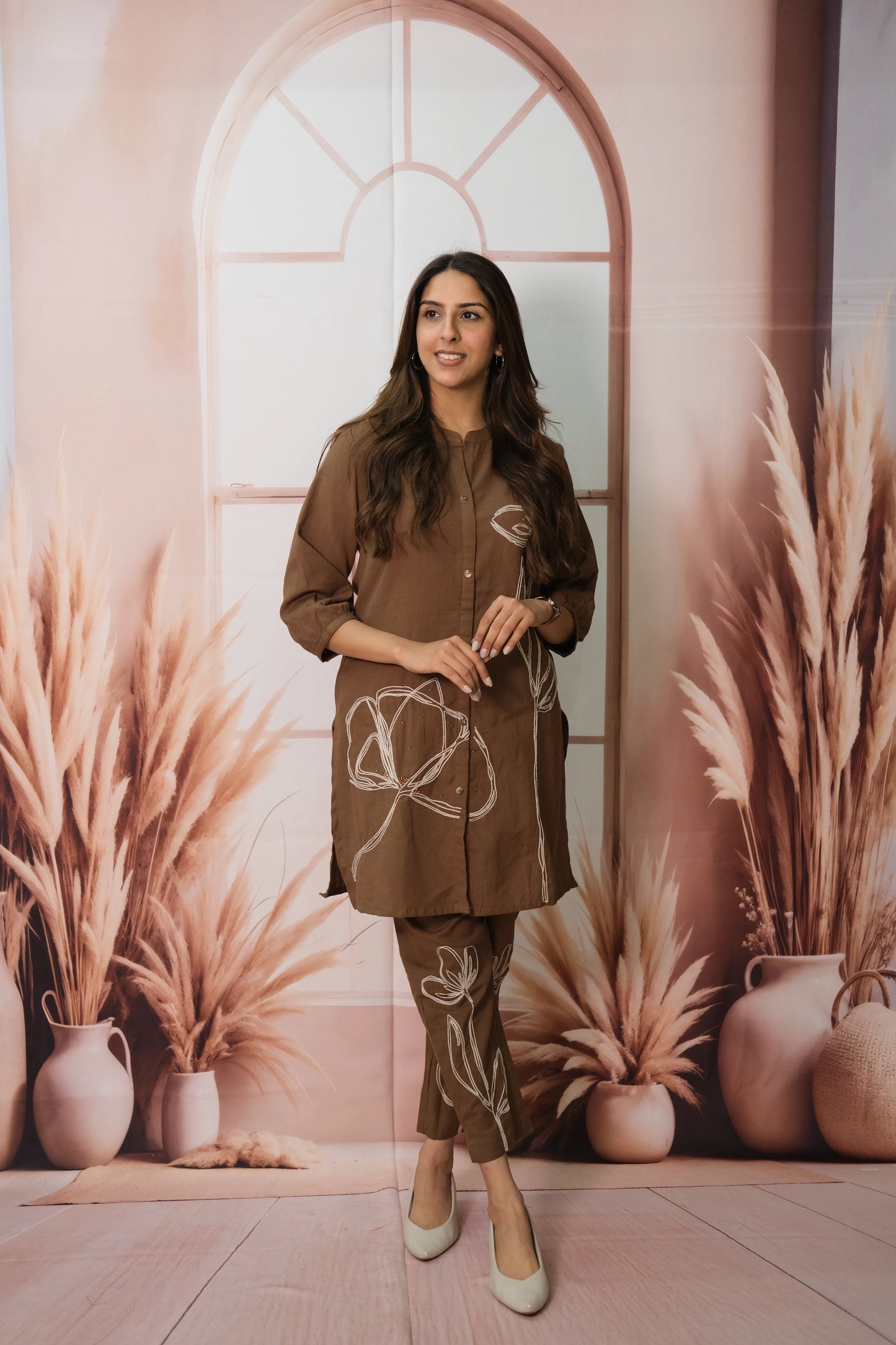 Brown Co-ord Set in Flex Cotton with Embroidery – Festive Look, Timeless Appeal