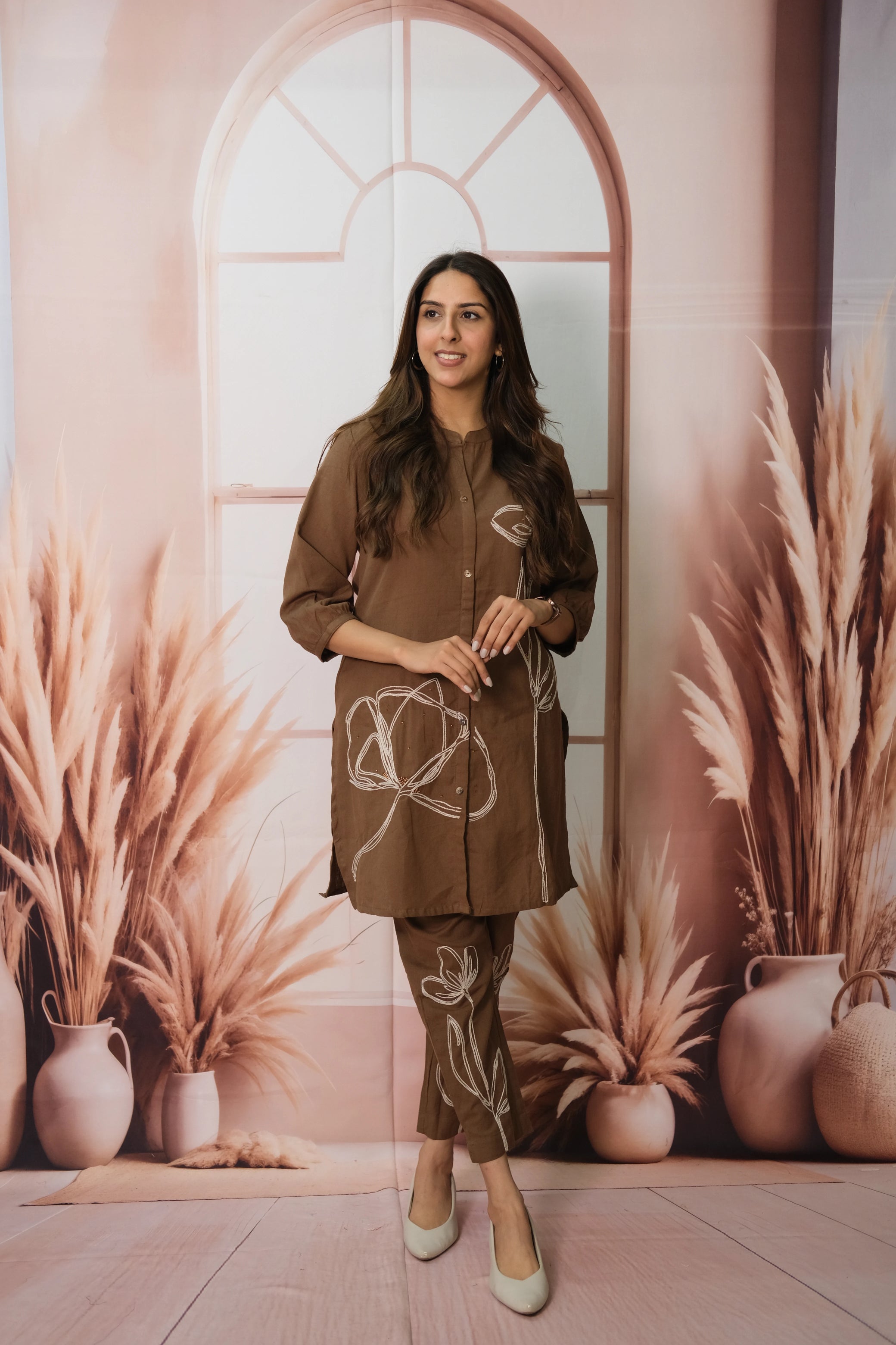 Brown Co-ord Set in Flex Cotton with Embroidery – Festive Look, Timeless Appeal