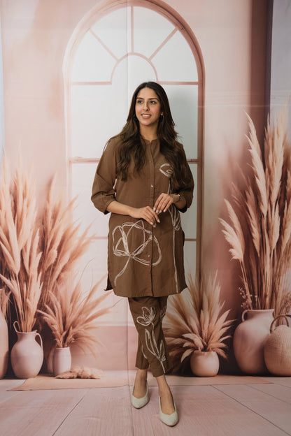 Brown Co-ord Set in Flex Cotton with Embroidery – Festive Look, Timeless Appeal
