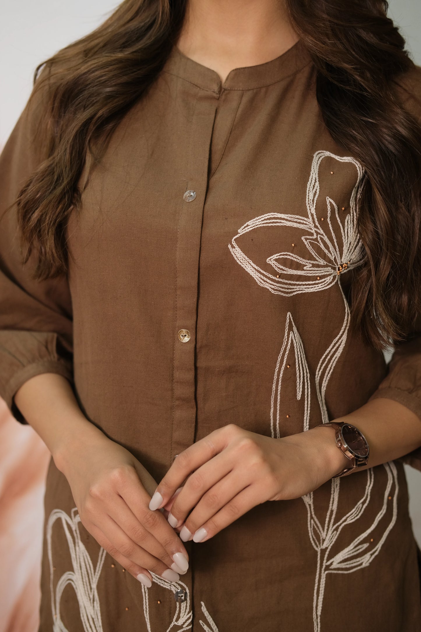Brown Co-ord Set in Flex Cotton with Embroidery – Festive Look, Timeless Appeal