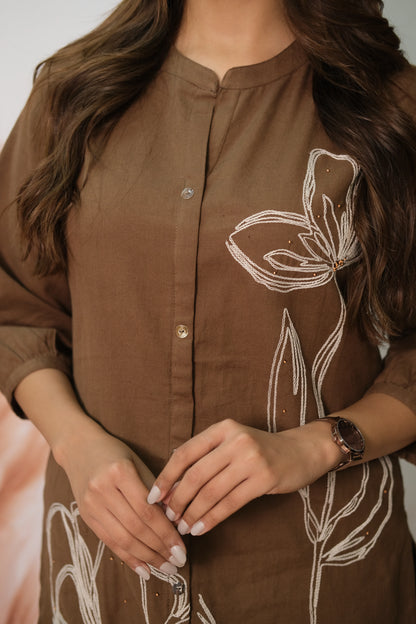 Brown Co-ord Set in Flex Cotton with Embroidery – Festive Look, Timeless Appeal