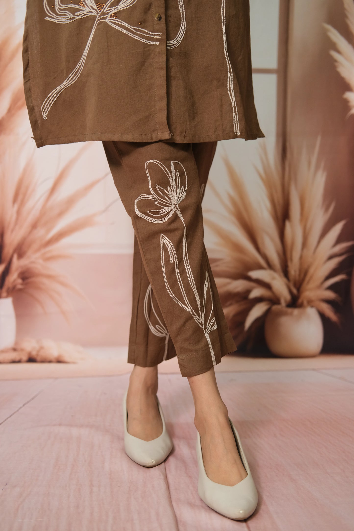 Brown Co-ord Set in Flex Cotton with Embroidery – Festive Look, Timeless Appeal