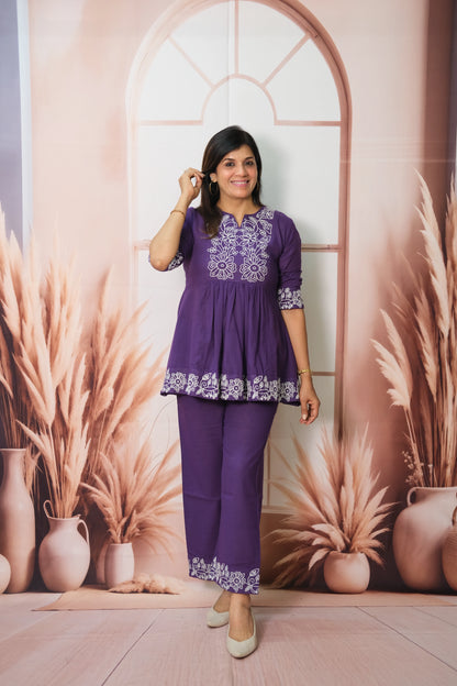 Purple Co-ord Set in Flex Cotton with Embroidery – Festive Look with Regal Charm