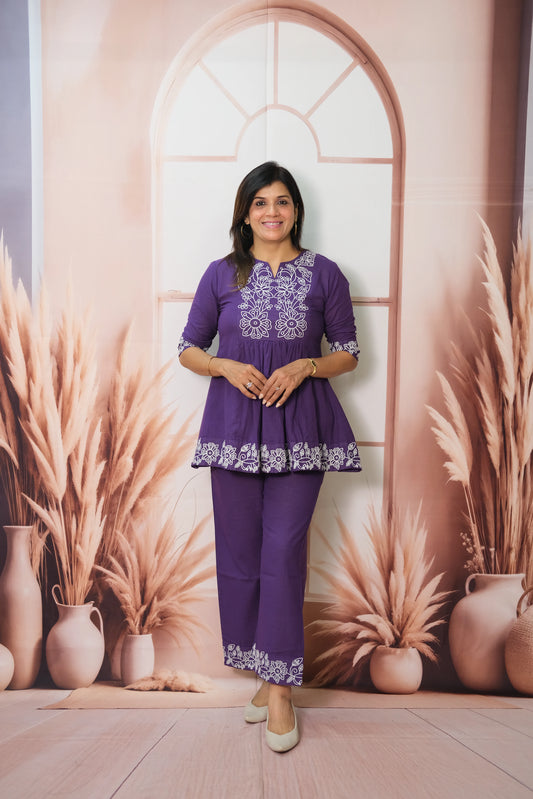 Purple Co-ord Set in Flex Cotton with Embroidery – Festive Look with Regal Charm